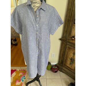 TAHARI SMALL 100% LINEN STRIPE BUTTON DOWN SHIRT DRESS